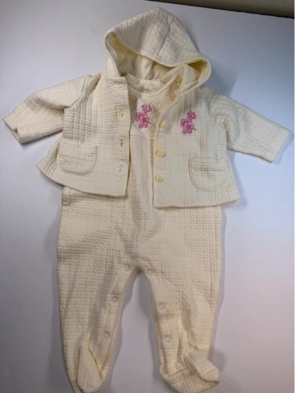 First Impressions Size 3-6 Months Cream Quilted Floral Jacket and Romper Set